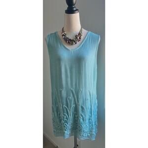 Soft Surroundings Silk Sequin Embroider Aqua Blue Tiered Tunic Sleeveless Top  M